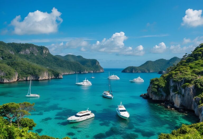 Vista da costa de Angra dos Reis com águas claras, barcos ancorados, ilhas verdes e penhascos rochosos.