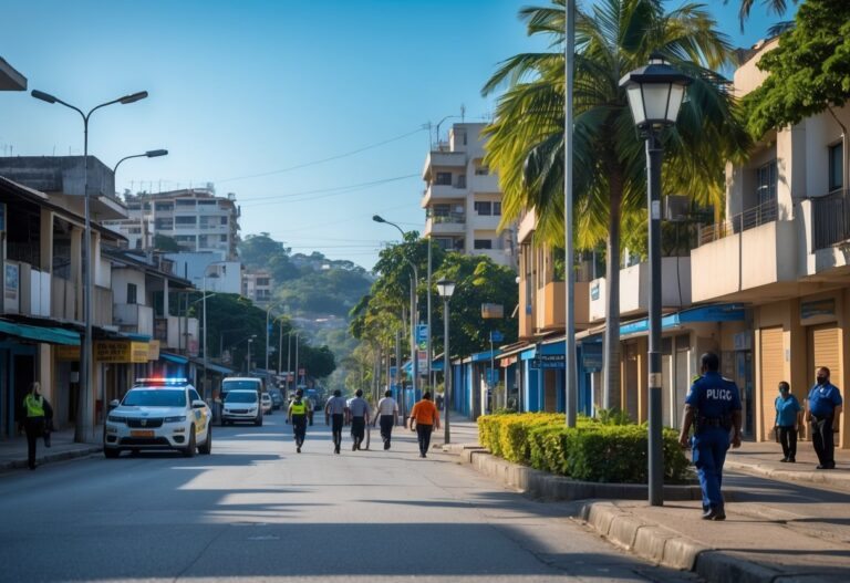 Rua movimentada em Taboão da Serra com pessoas caminhando e uma viatura policial estacionada, mostrando atenção à segurança.