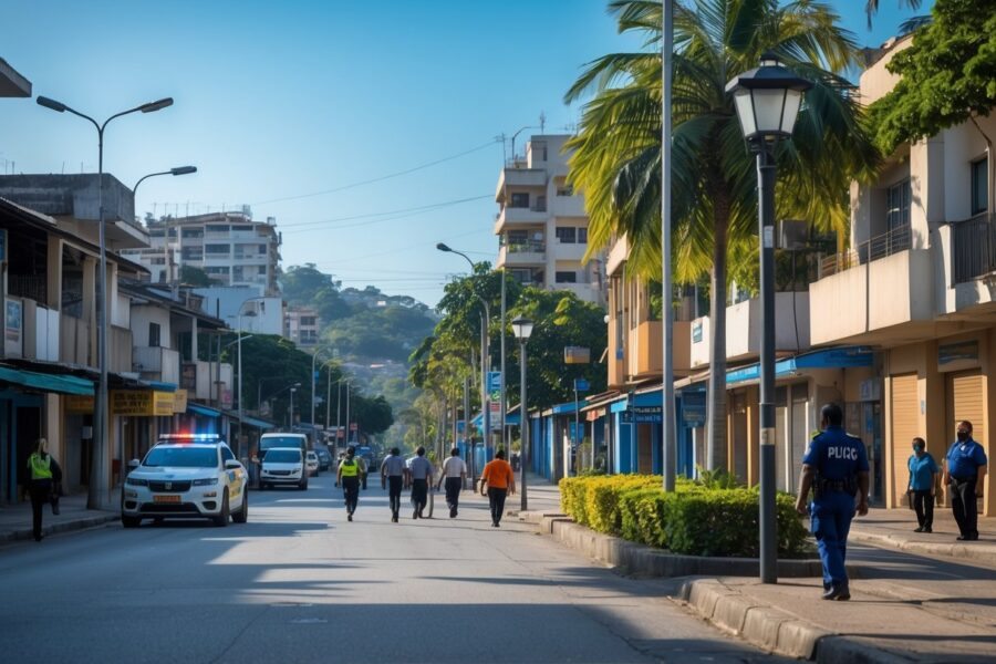 Rua movimentada em Taboão da Serra com pessoas caminhando e uma viatura policial estacionada, mostrando atenção à segurança.