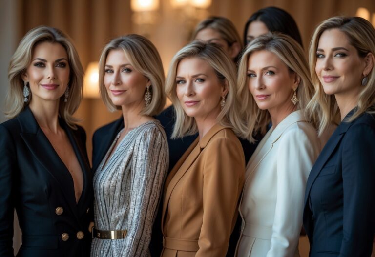 Grupo de mulheres famosas em um ambiente elegante, transmitindo privacidade e discrição.