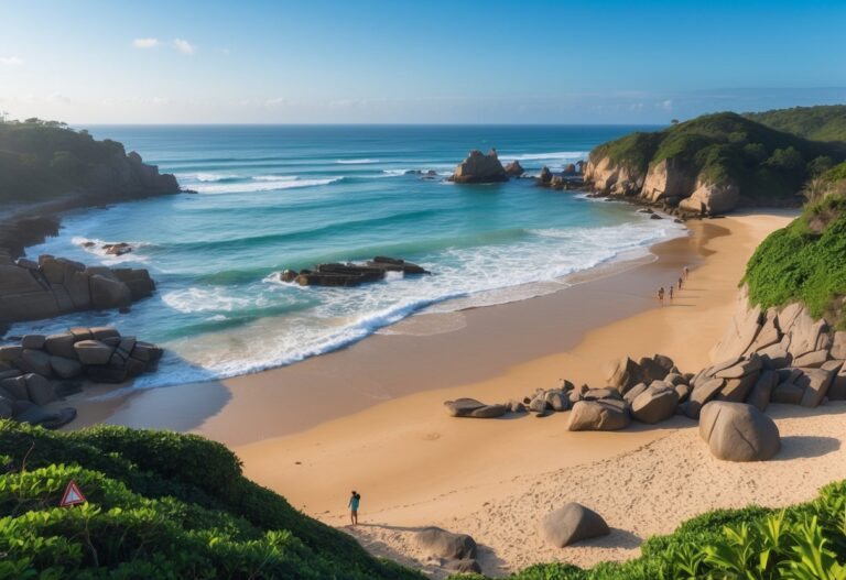 Vista da praia de Canto do Forte em Praia Grande com pedras próximas à água e pessoas observando a área.