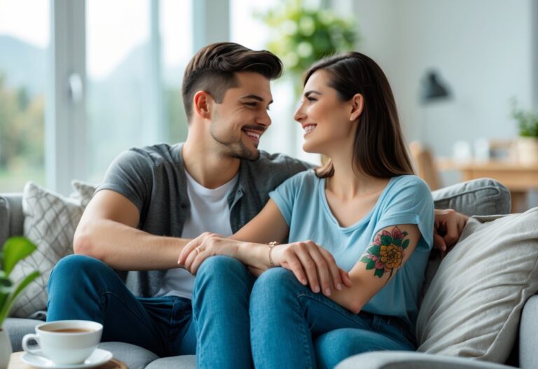 Casal jovem sentado junto em um sofá, com uma tatuagem recente visível no braço da mulher, em um ambiente aconchegante e iluminado.