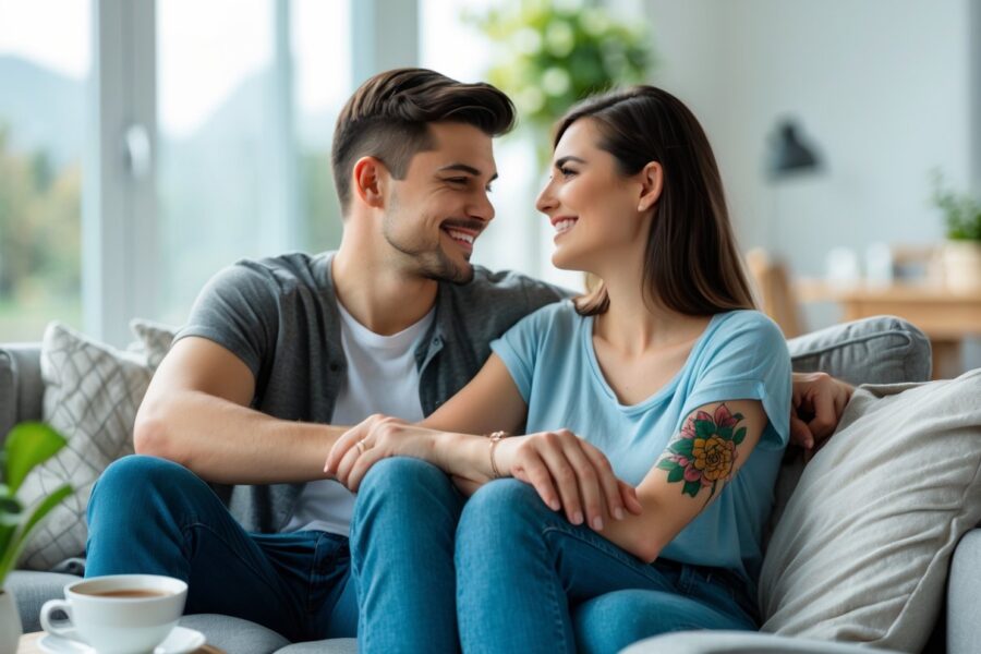 Casal jovem sentado junto em um sofá, com uma tatuagem recente visível no braço da mulher, em um ambiente aconchegante e iluminado.