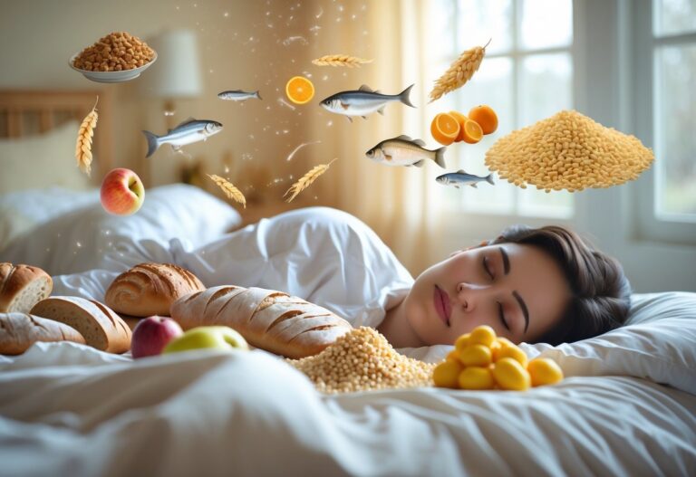 Pessoa dormindo tranquilamente com imagens de alimentos variados flutuando ao redor, simbolizando abundância e provisão.