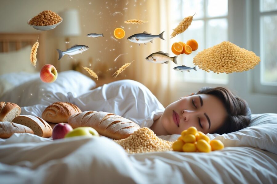 Pessoa dormindo tranquilamente com imagens de alimentos variados flutuando ao redor, simbolizando abundância e provisão.