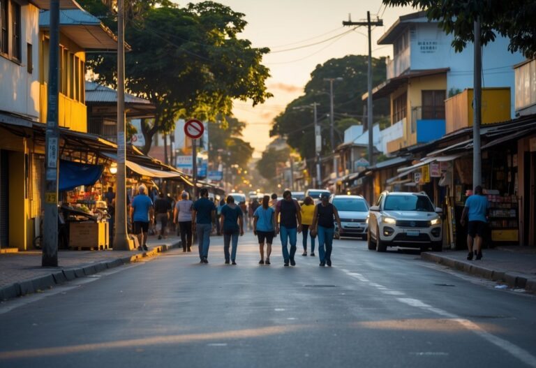 Cena de rua em Nova Iguaçu com pessoas caminhando e lojas ao redor, transmitindo uma sensação de atenção e cautela.