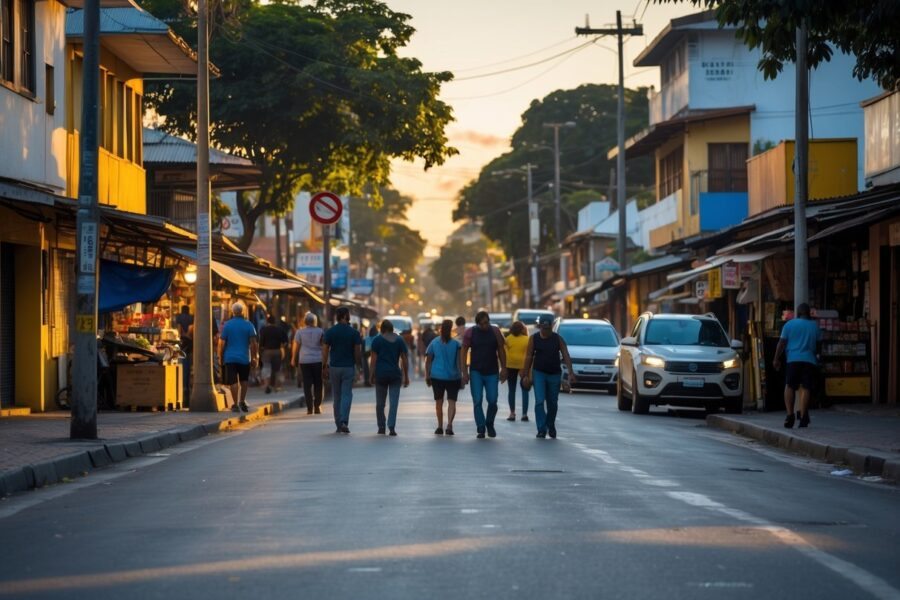 Cena de rua em Nova Iguaçu com pessoas caminhando e lojas ao redor, transmitindo uma sensação de atenção e cautela.