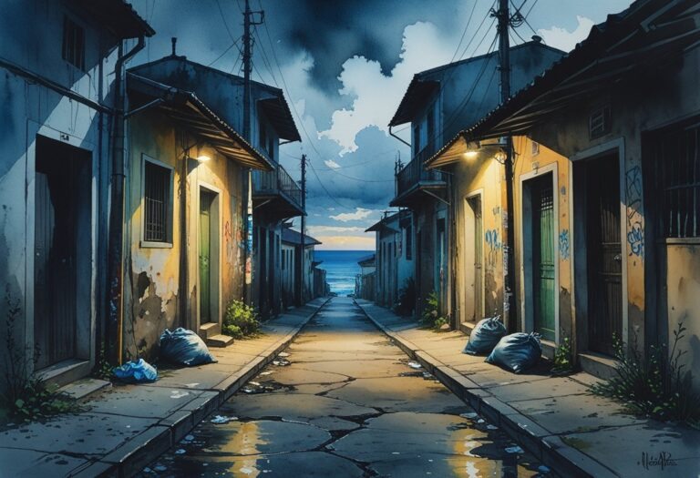 Rua estreita com prédios desgastados e grafites, iluminação fraca, lixo espalhado e vegetação entre rachaduras, mostrando um bairro difícil em Cabo Frio.