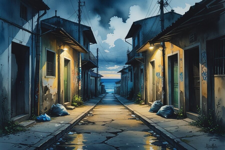 Rua estreita com prédios desgastados e grafites, iluminação fraca, lixo espalhado e vegetação entre rachaduras, mostrando um bairro difícil em Cabo Frio.