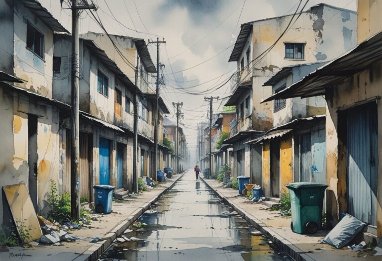 Vista de um bairro denso em Osasco com casas apertadas e desgastadas, ruas estreitas e moradores realizando suas atividades diárias.
