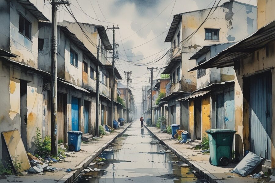Vista de um bairro denso em Osasco com casas apertadas e desgastadas, ruas estreitas e moradores realizando suas atividades diárias.