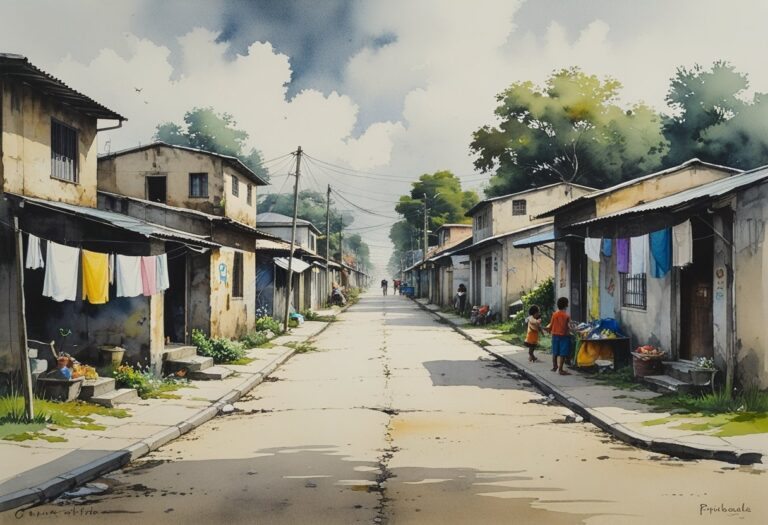 Vista de um bairro modesto em Piracicaba com casas simples, ruas estreitas, crianças brincando e pessoas nas ruas.