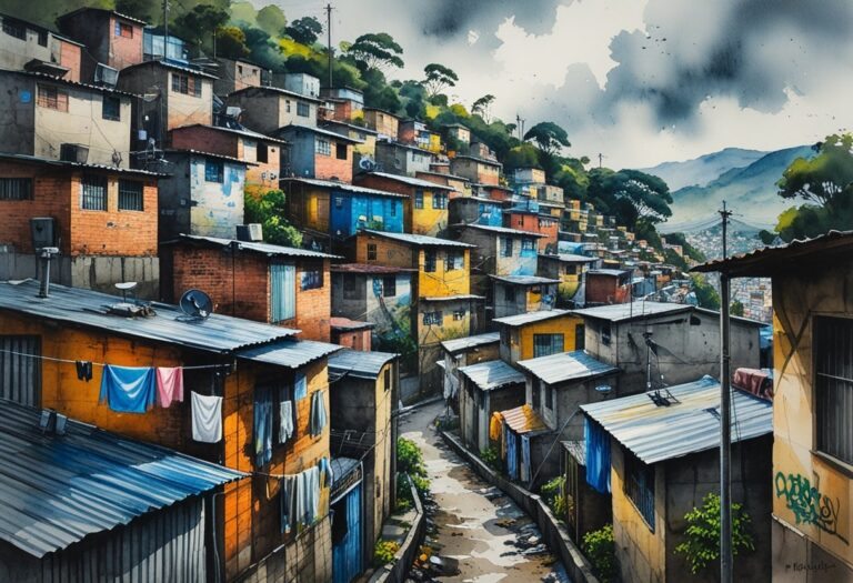 Vista de uma favela densamente povoada em Guarulhos, com casas coloridas e apertadas empilhadas em uma colina, vielas estreitas e moradores ao fundo.