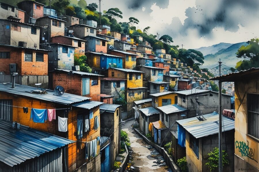 Vista de uma favela densamente povoada em Guarulhos, com casas coloridas e apertadas empilhadas em uma colina, vielas estreitas e moradores ao fundo.