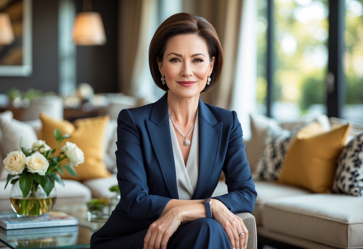 Mulher elegante e confiante sentada em uma sala de estar moderna e luxuosa, com decoração sofisticada e luz natural entrando pelas janelas.