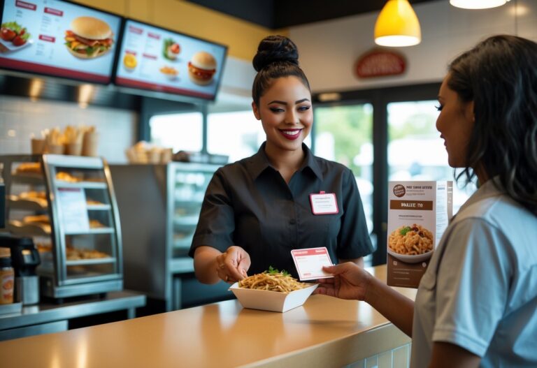 Funcionário de restaurante de fast food entregando uma refeição para um cliente que segura um cartão de vale alimentação.