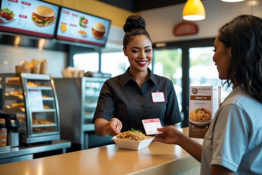 Funcionário de restaurante de fast food entregando uma refeição para um cliente que segura um cartão de vale alimentação.