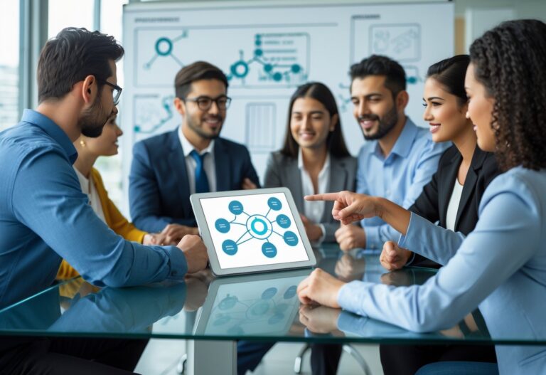 Grupo de profissionais discutindo em uma mesa de escritório moderna, analisando um tablet com diagramas que representam componentes opcionais.
