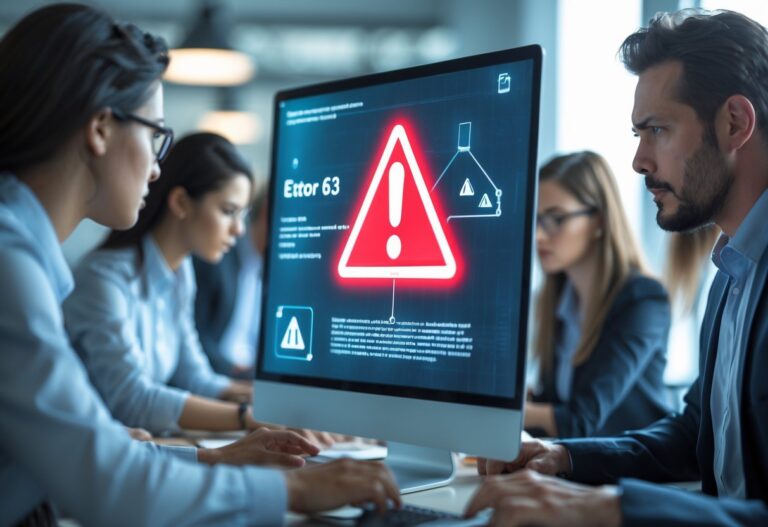 Tela de computador mostrando um símbolo de alerta vermelho com um triângulo e ponto de exclamação, em um escritório moderno com pessoas trabalhando ao fundo.