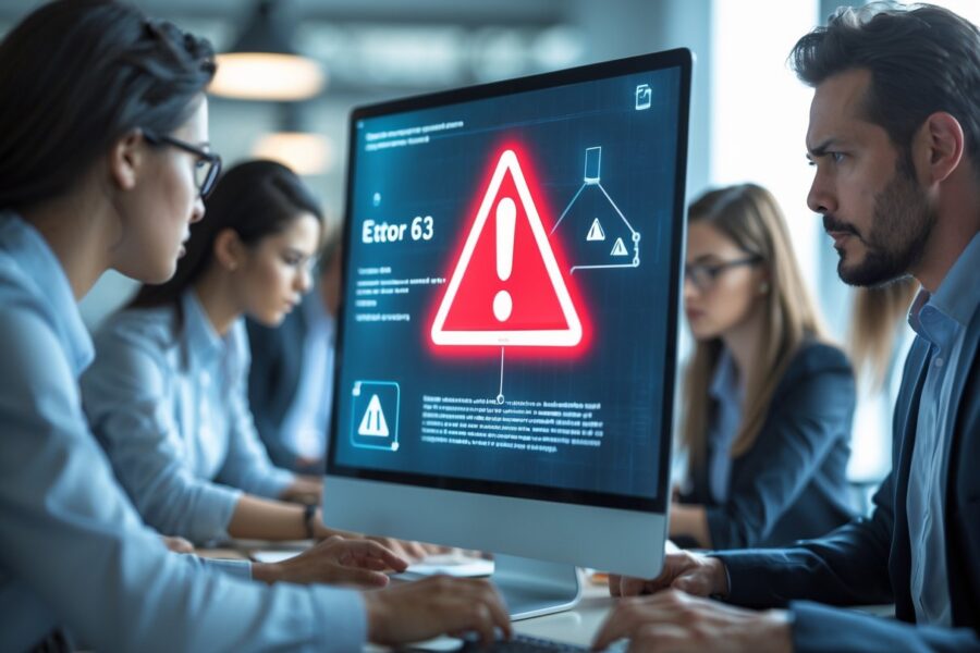 Tela de computador mostrando um símbolo de alerta vermelho com um triângulo e ponto de exclamação, em um escritório moderno com pessoas trabalhando ao fundo.