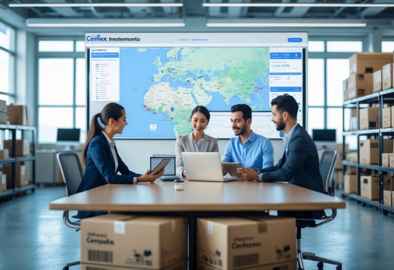 Equipe profissional em escritório moderno analisando mapas e dados de rastreamento em telas digitais, com pacotes organizados ao fundo.
