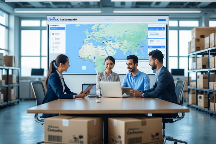 Equipe profissional em escritório moderno analisando mapas e dados de rastreamento em telas digitais, com pacotes organizados ao fundo.