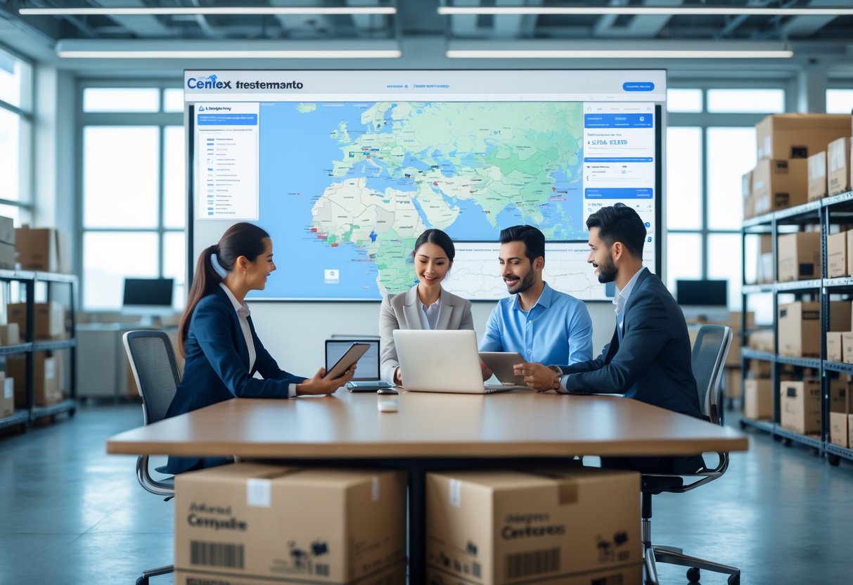 Equipe profissional em escritório moderno analisando mapas e dados de rastreamento em telas digitais, com pacotes organizados ao fundo.