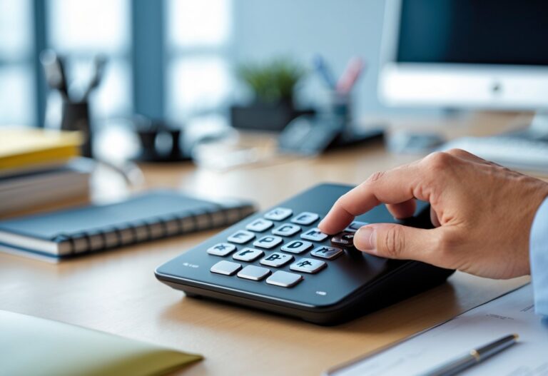 Mão de uma pessoa pressionando os botões de um telefone de escritório moderno sobre uma mesa organizada.