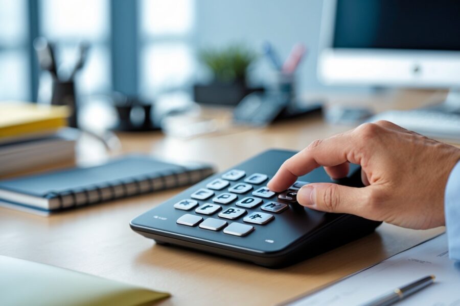 Mão de uma pessoa pressionando os botões de um telefone de escritório moderno sobre uma mesa organizada.