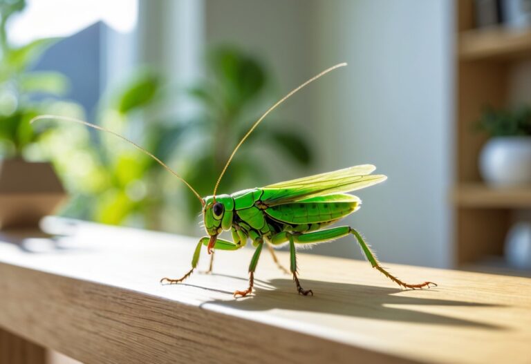 Um grilo verde dentro de uma casa, pousado sobre uma superfície de madeira, com luz natural e detalhes de um ambiente interno ao fundo.