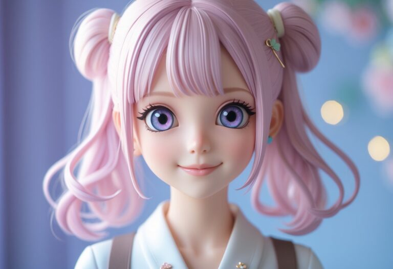 Personagem feminina de anime com cabelo rosa claro, sorriso amigável e fundo desfocado em tons pastéis.