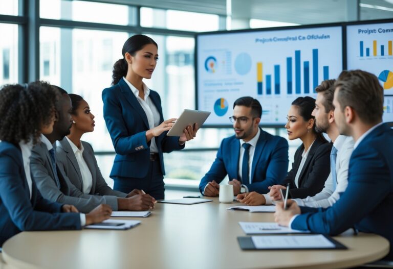 Pessoas em uma reunião de negócios em um escritório moderno, com uma mulher apresentando informações para colegas ao redor de uma mesa de conferência.