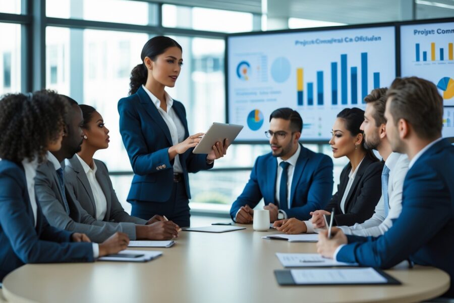Pessoas em uma reunião de negócios em um escritório moderno, com uma mulher apresentando informações para colegas ao redor de uma mesa de conferência.