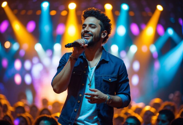 Cantor brasileiro masculino se apresentando em um show ao vivo, segurando um microfone no palco com iluminação colorida e público ao fundo.