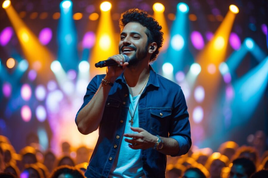 Cantor brasileiro masculino se apresentando em um show ao vivo, segurando um microfone no palco com iluminação colorida e público ao fundo.