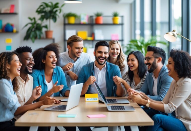 Grupo diversificado de colegas rindo e se divertindo em um escritório moderno e iluminado.