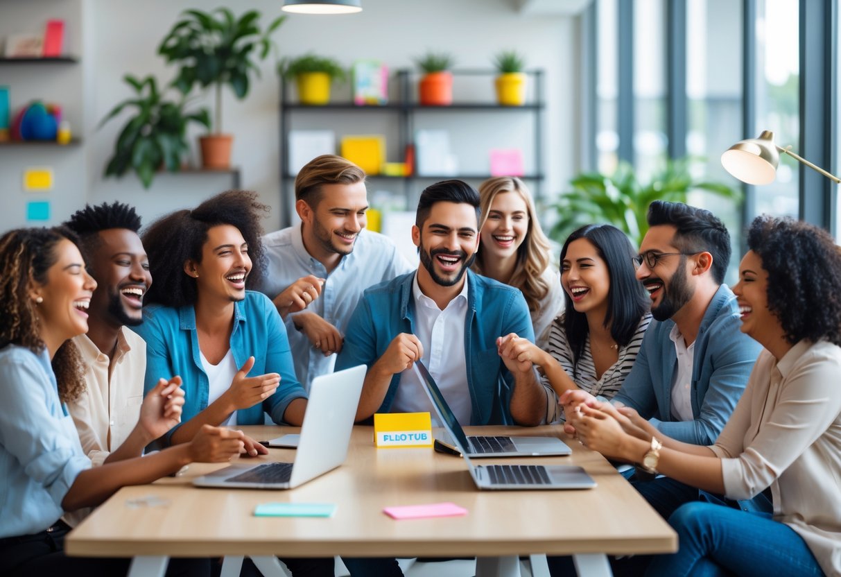 Grupo diversificado de colegas rindo e se divertindo em um escritório moderno e iluminado.