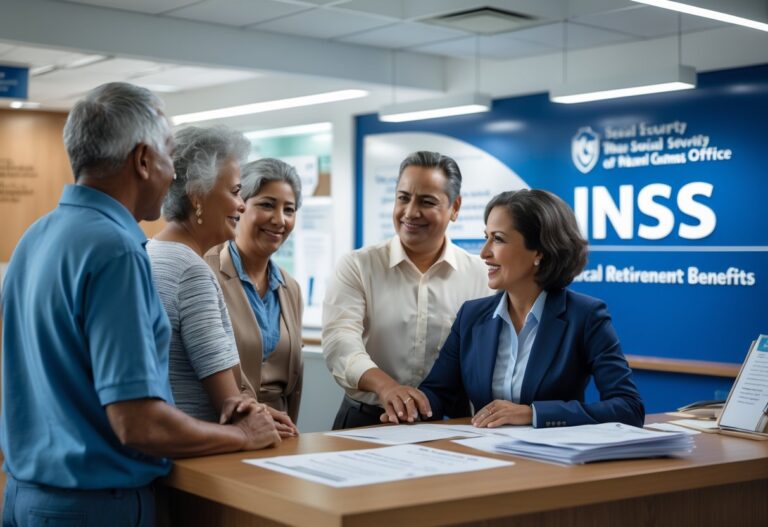 Pessoas em um escritório do INSS conversando com um atendente sobre aposentadoria.