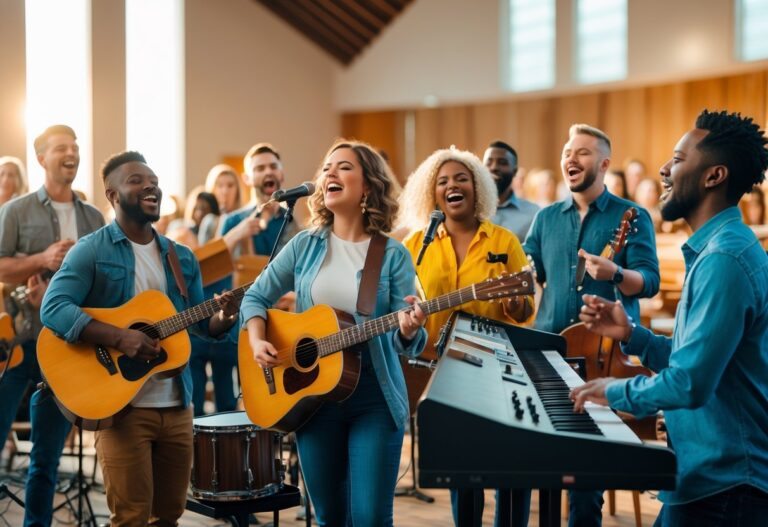 Grupo diverso de pessoas tocando instrumentos e cantando juntos em uma igreja durante ensaio de louvor.