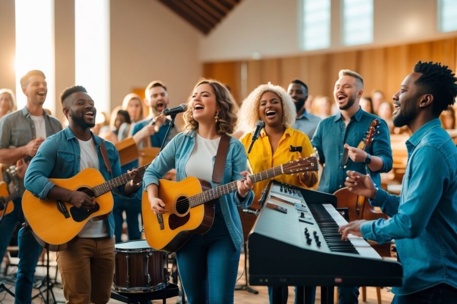 Grupo diverso de pessoas tocando instrumentos e cantando juntos em uma igreja durante ensaio de louvor.