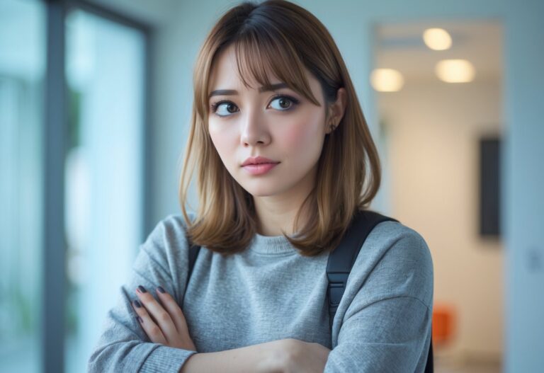 Jovem mulher com expressão tímida e levemente irritada, braços cruzados, em um ambiente interno iluminado.