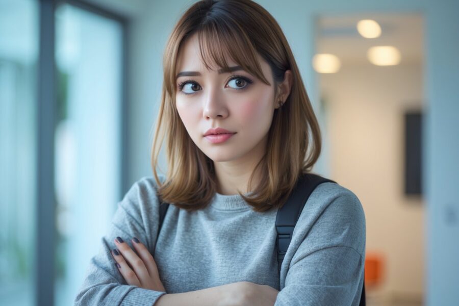 Jovem mulher com expressão tímida e levemente irritada, braços cruzados, em um ambiente interno iluminado.