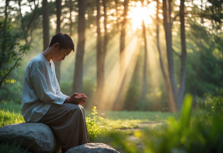 Pessoa sentada em um ambiente natural tranquilo, com os olhos fechados em um momento de reflexão espiritual ao nascer do sol.