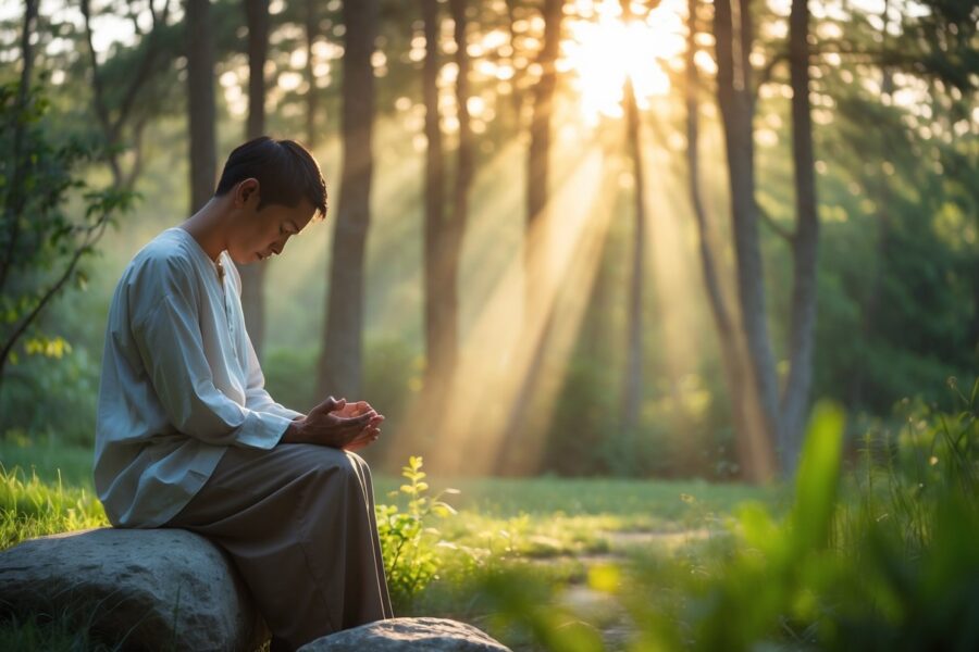 Pessoa sentada em um ambiente natural tranquilo, com os olhos fechados em um momento de reflexão espiritual ao nascer do sol.