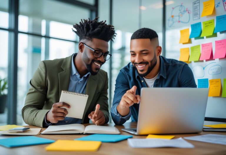Duas pessoas colaborando em um escritório moderno, discutindo ideias com um notebook e um laptop, cercadas por notas coloridas e um quadro branco com esboços.