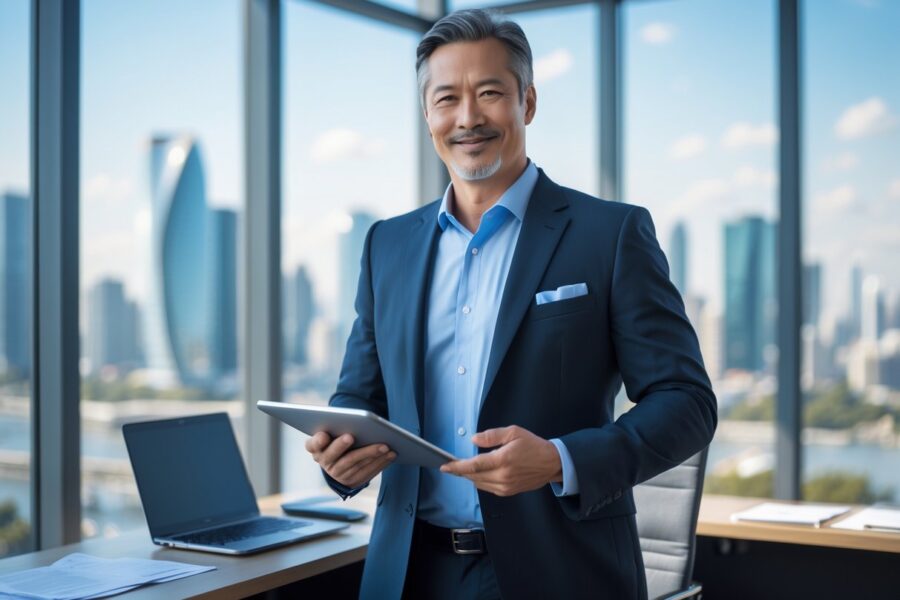 Homem de negócios sorridente em escritório moderno com vista para a cidade, segurando um tablet.