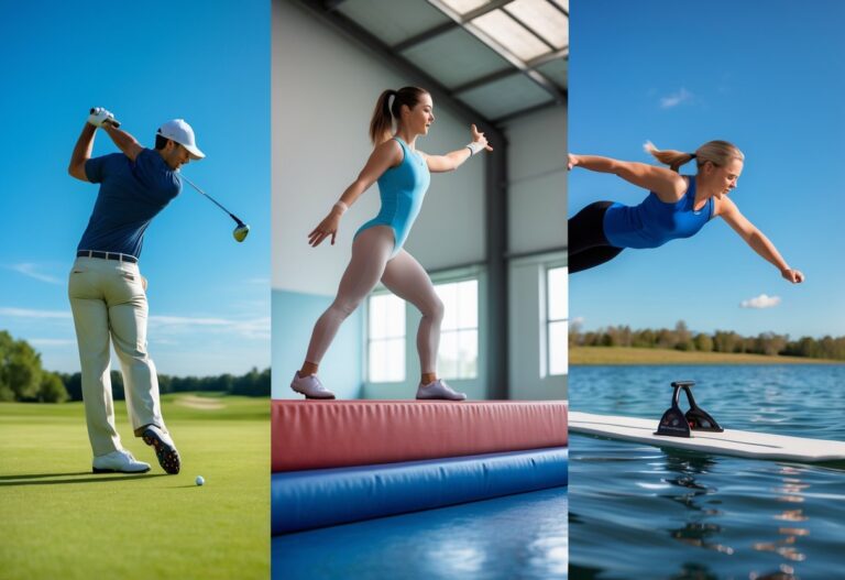 Atletas praticando golfe, ginástica e voo livre em uma composição dinâmica ao ar livre e em ginásio.