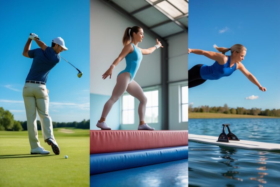 Atletas praticando golfe, ginástica e voo livre em uma composição dinâmica ao ar livre e em ginásio.