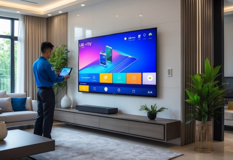 Sala de estar moderna com uma TV LG grande na parede e um técnico usando um tablet para configurar a televisão.