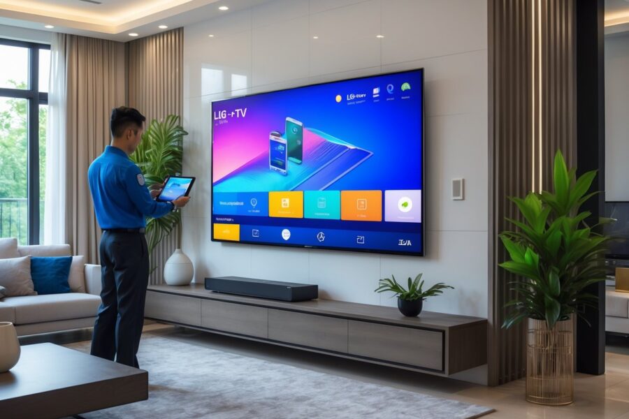 Sala de estar moderna com uma TV LG grande na parede e um técnico usando um tablet para configurar a televisão.